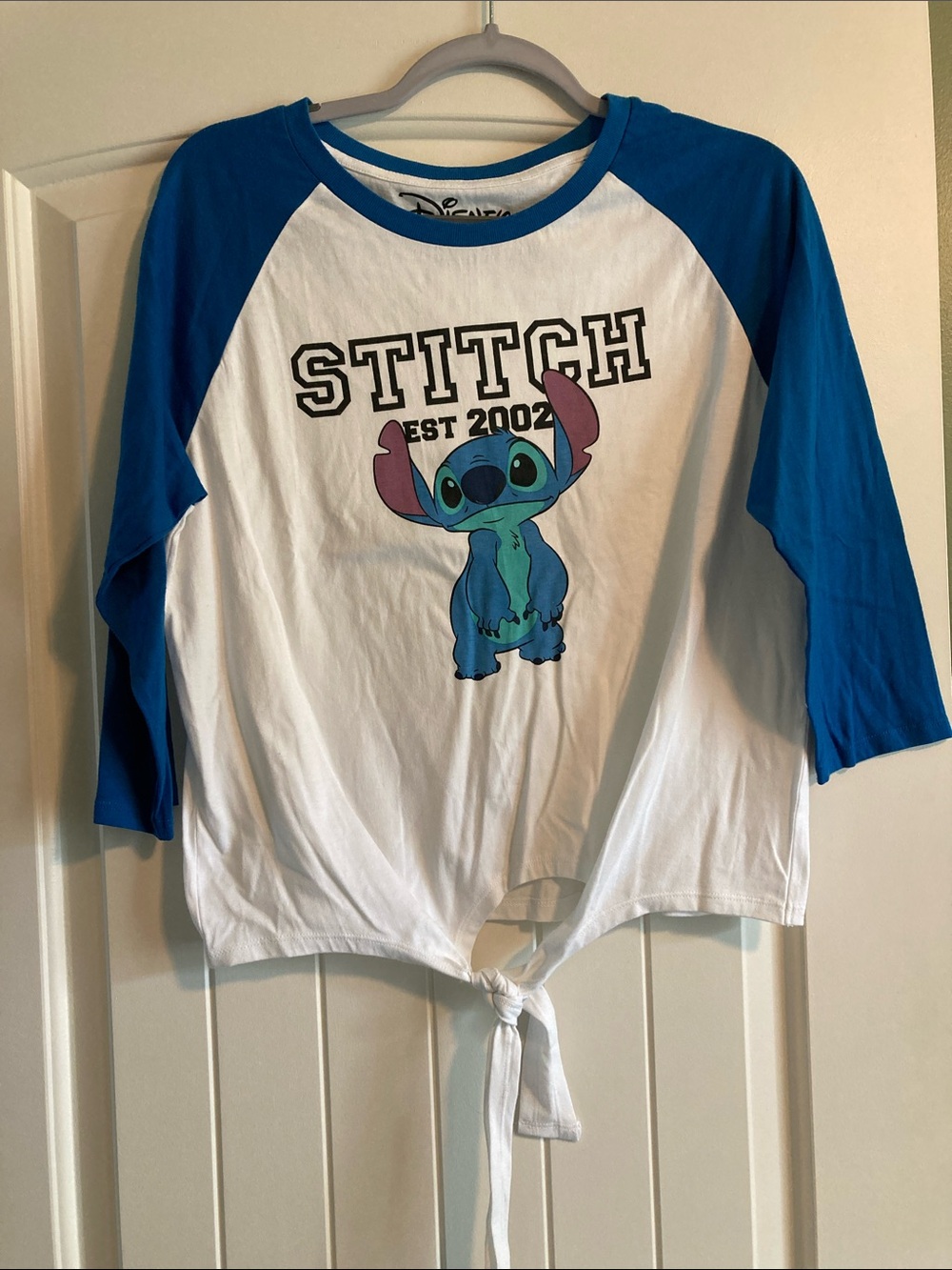 Disney White & Blue Raglan Tie-Front Stitch Graphic Tee